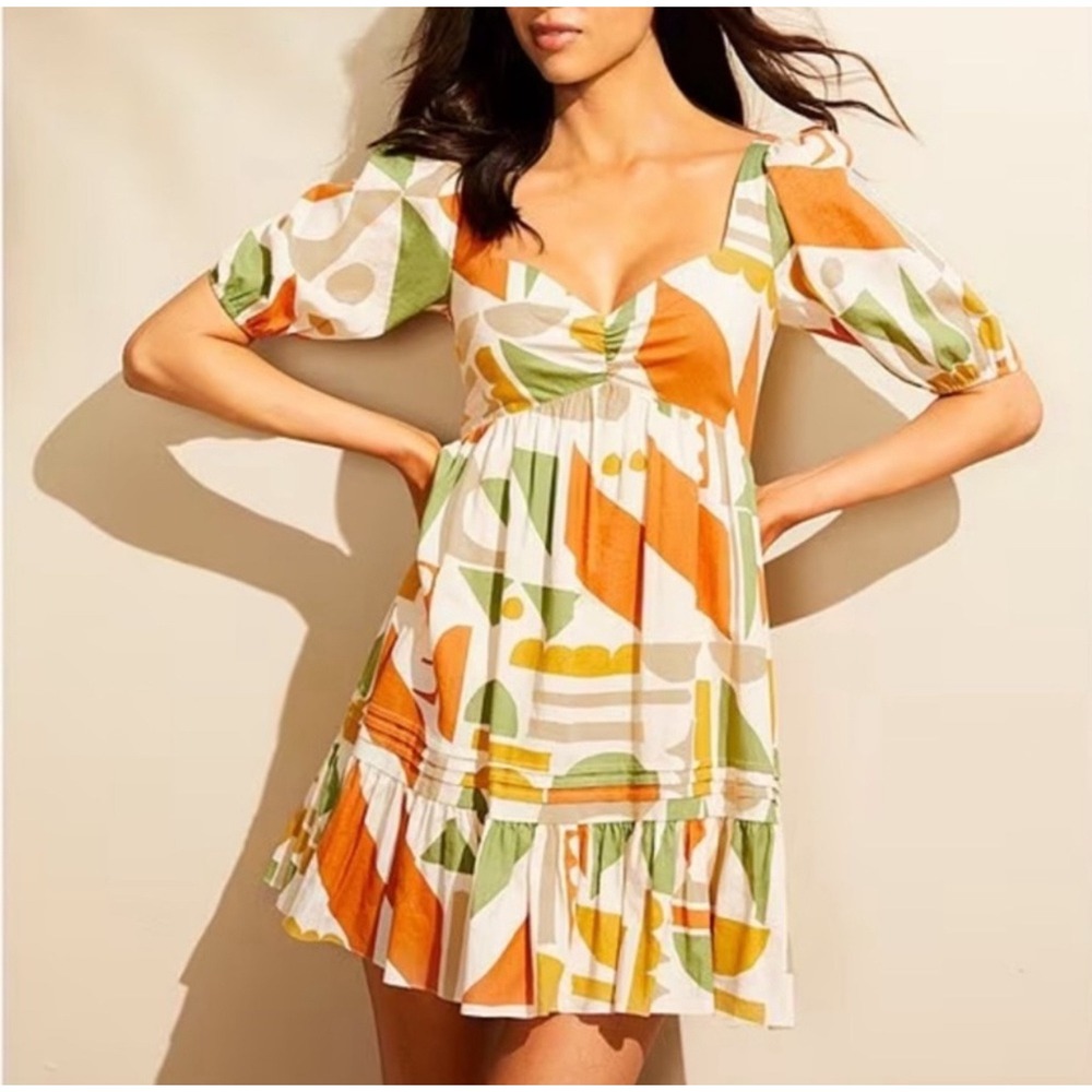 Gianni Bini NWT Tory Linen Orange Green Geometric Print Mini‎ Dress Size 8
